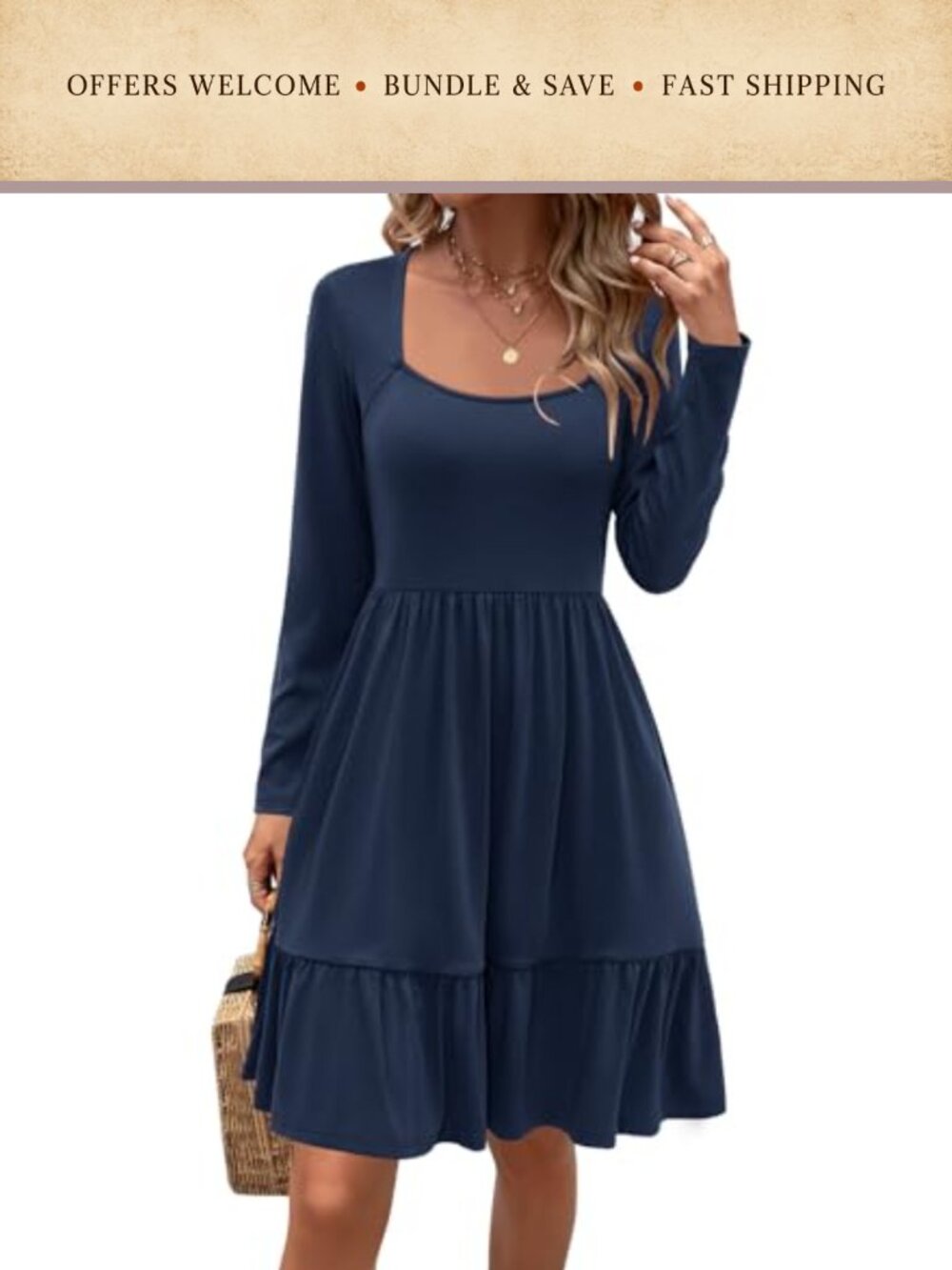 Newshows Long Sleeve Square Neck Fit Flare Casual Dress with Pockets